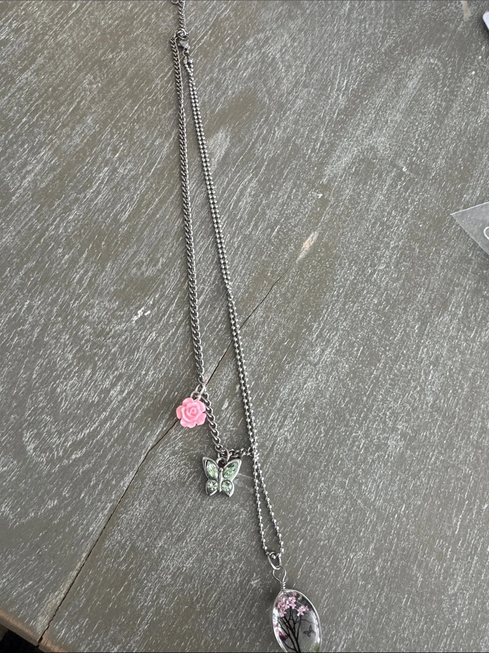 Silver-Tone Pink & Green Butterfly Pendant Necklace with Pink Rose Charm